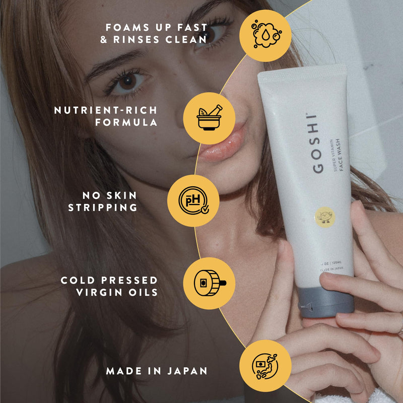 GOSHI Super Vitamin Face Wash - Gentle Foaming Cleanser, 4 oz | Facial cleanser with vitamin E & macadamia for all skin types, made in Japan