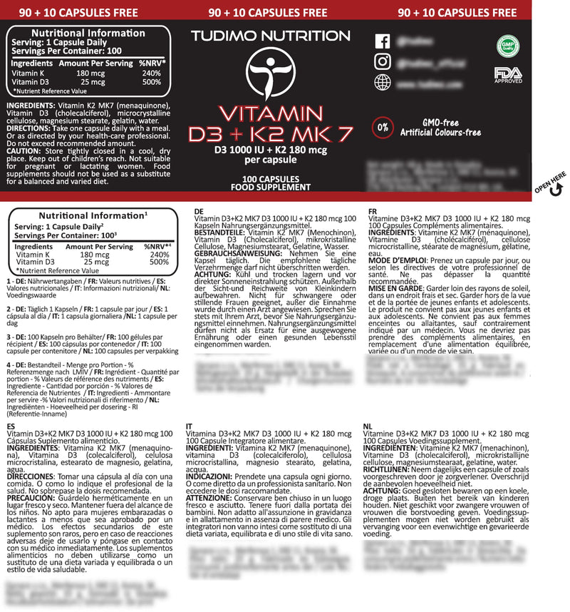 ★ Vitamin D3 K2 MK7 ★ Capsules ★ 1000 IU / 180 mcg - 100 pcs (3+ Month Supply) of Rapidly Disintegrating Capsules with Premium Quality VIT K2 as Menaquinone and VIT D3 as Cholecalciferol Powder 1 count (Pack of 100)