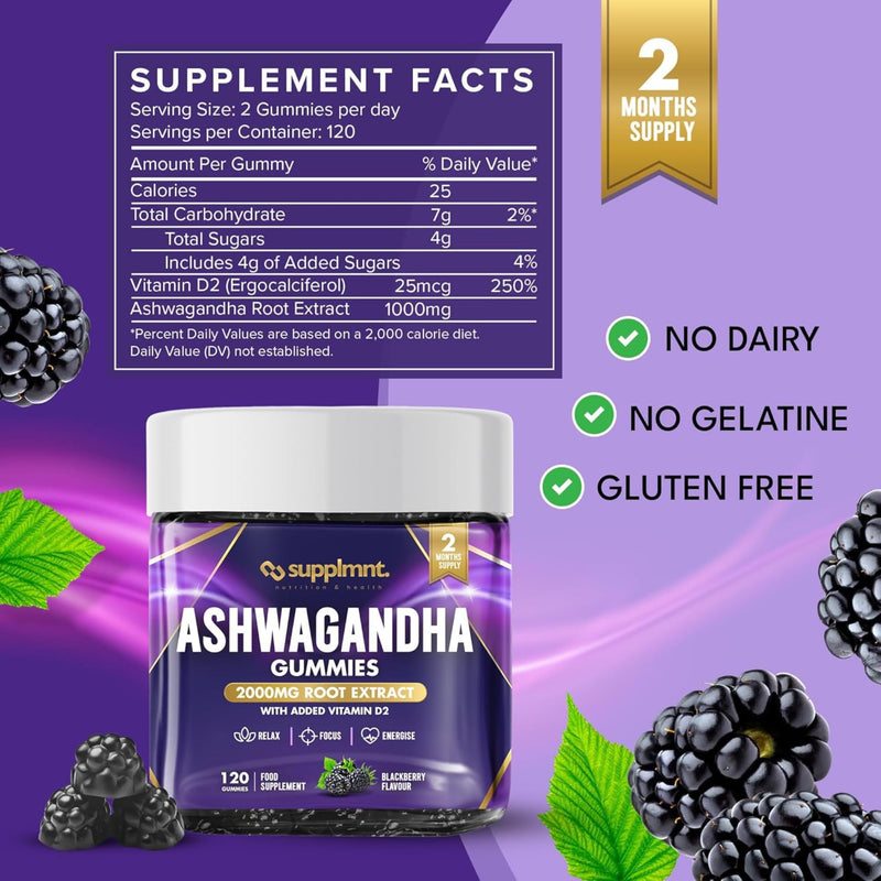 Supplmnt. Ashwagandha Gummies High Strength 2000mg with Vitamin D2 – 2 Months Supply Ashwagandha Root Extract Supplement, Vegan, BlackBerry Flavor, 120 Count