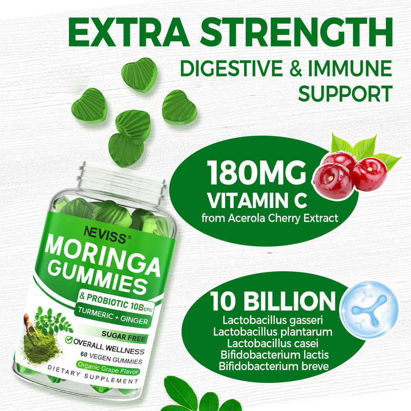 Moringa Gummies for Women Men w/Probiotic Turmeric Ceylon Cinnamon, 60ct | Organic Pure Moringa Leaf Gummy Supplement w/ 10 Billion CFU Probiotics & Ginger for Gut & Immune Support - Vegan, Sugar Free