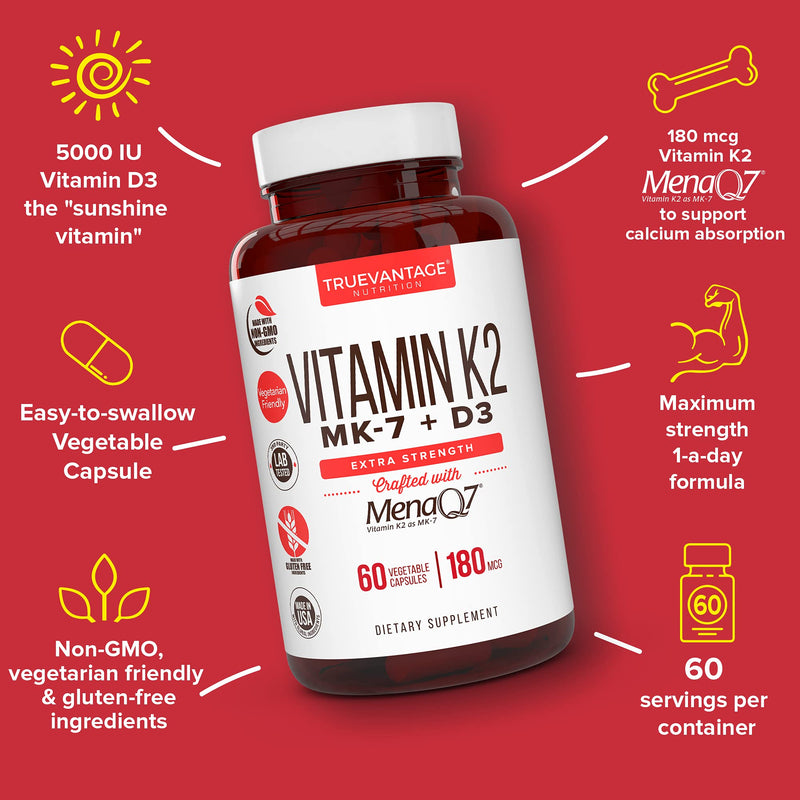 TrueVantage Vitamin K2 MK-7 180 mcg + D3 5000 IU-60 Servings | Supports Bone & Cardiovascular Health, MenaQ7, Vegetable Capsules