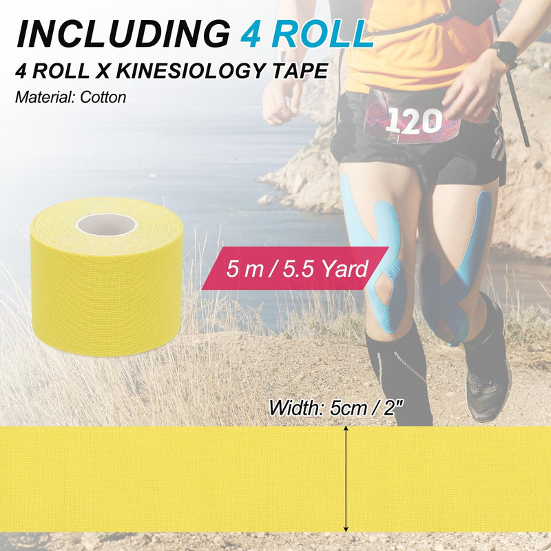PATIKIL 5.5 Yard x 2 Inch Kinesiology Tape, 4 Roll Adhesive Cotton Sports Muscle Support Tapes Waterproof Elastic Tape for Knee Ankle Wrist Shoulder, Yellow