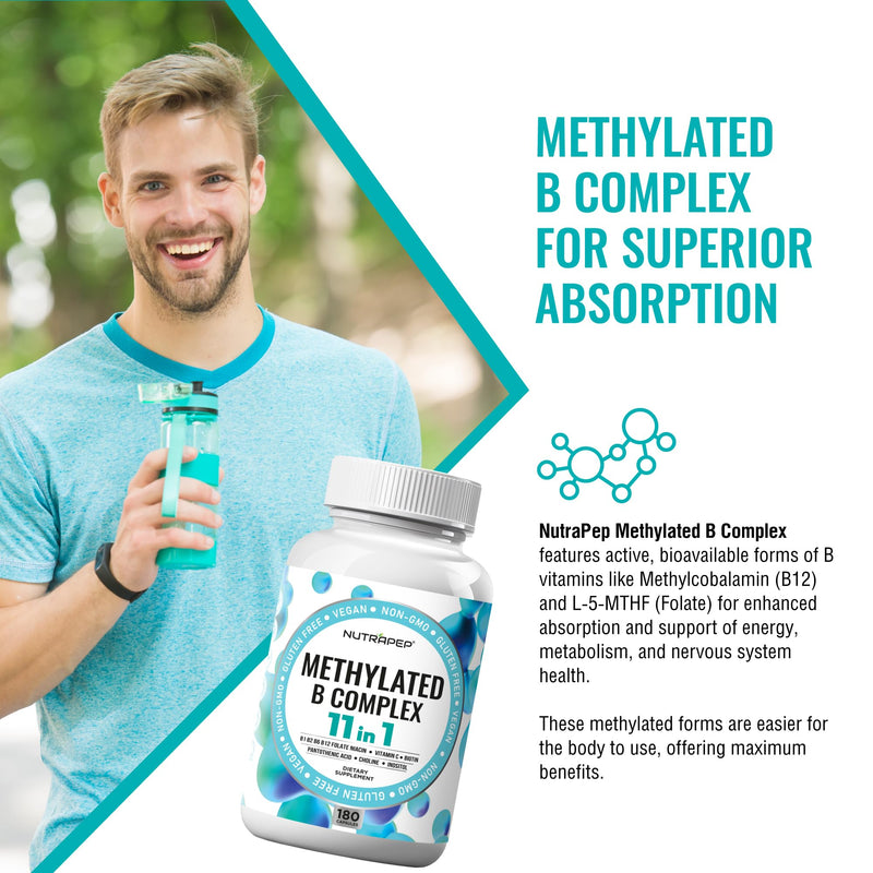 NutraPep Methylated B-Complex Vitamins Complete Methyl Multivitamin | Bioactive B9 5-MTHF B6 B12 MTHFR Support Supplement for Brain Heart Energy - Vegan Gluten Free Sugar Free 180 Count (Pack of 1)