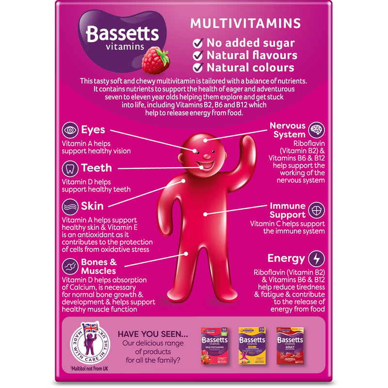 Bassetts Vitamins 7-11 Years Raspberry Flavour Multivitamins 60 Gummies 60 count (Pack of 1) Original - 7 Nutrients 60 Gummies