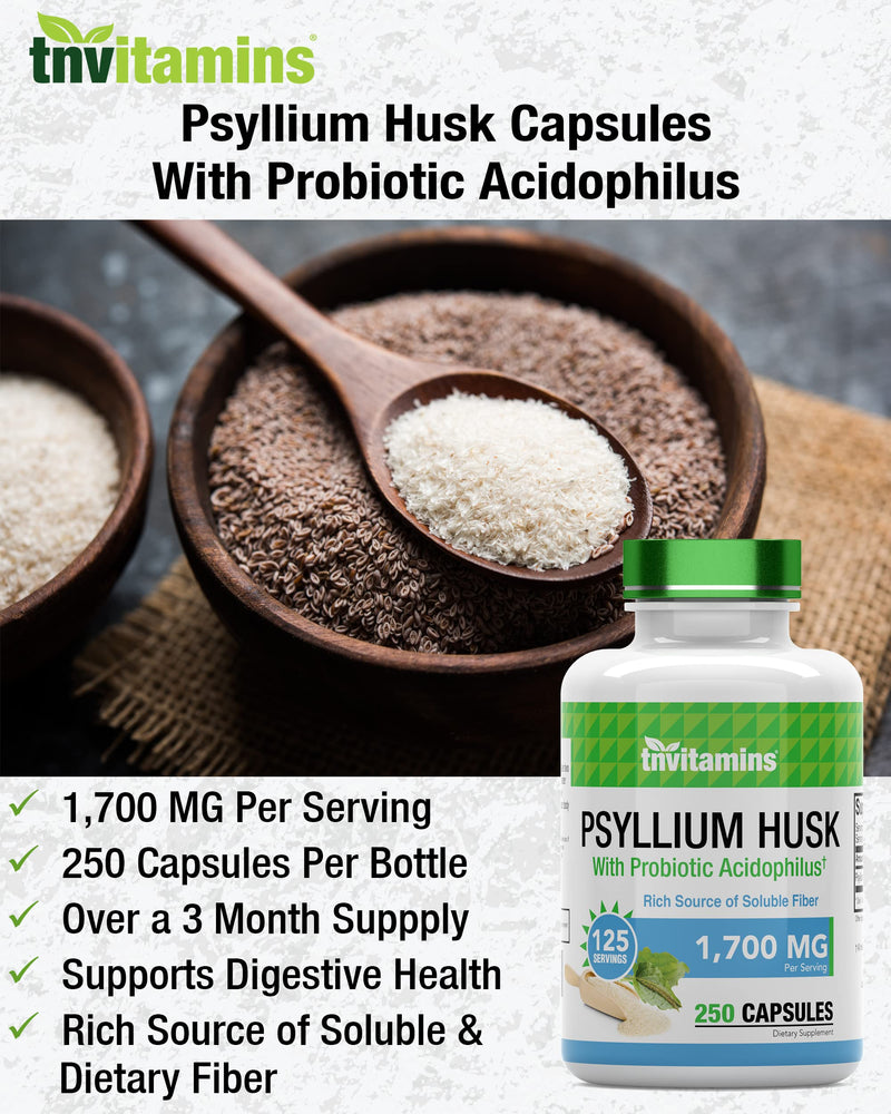 [Australia] - Psyllium Husk Capsules | 1700 MG - 250 Capsules | with Probiotic Acidophilus | Extra Strength Soluble & Dietary Fiber Supplement | Supports Digestive Health 