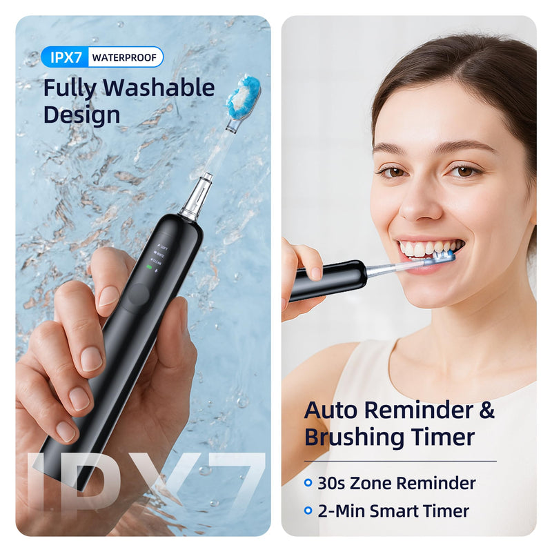 SYNHOPE 60° Oscillating Sonic Toothbrush - 33K RPM Power Clean, Unique 60° Swing Amplitude, 3 Brush Heads, IPX7 Waterproof - Teeth Whitening & Gum Health Boost Black