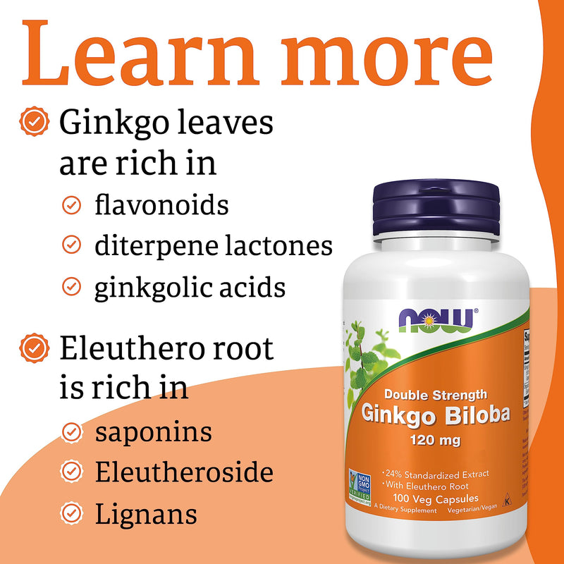 Now Foods, Double Strength Ginkgo Biloba, 120mg, 100 Vegan Capsules, Lab-Tested, SOYA Free, Gluten Free, Vegetarian, Non-GMO