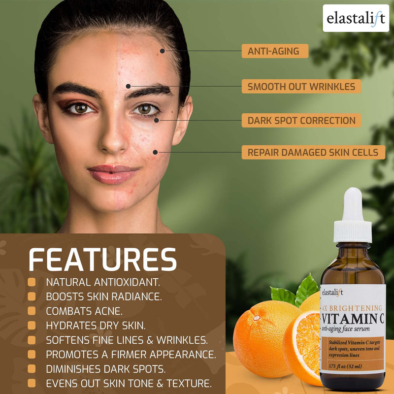 Elastalift Vitamin C Facial Serum For Age Spots, Wrinkles, & Expression Lines. Anti-Aging Face Serum W/Vitamin C & Hyaluronic Acid Brightens Skin To Promote Healthier Skin Complexion, 1.75 Fl Oz 1.75 Fl Oz (Pack of 1) Vitamin C Serum