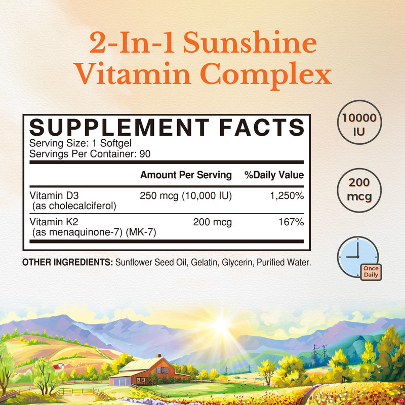 [Australia] - Vitalitown Vitamin D3 K2 Supplement, Vitamin D3 10000 IU Vitamin K2 (MK7) 200 mcg, 90 Softgels, Non-GMO, No Gluten & Soy, for Bone, Teeth, Immune & Heart Health 90 Count (Pack of 1) 