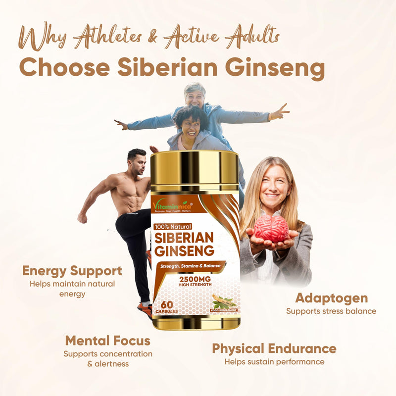 Vitaminnica Siberian Ginseng 500mg 5:1 Extract (Eqv. 2500mg)- 60 Capsules - High Strength Energy Supplement