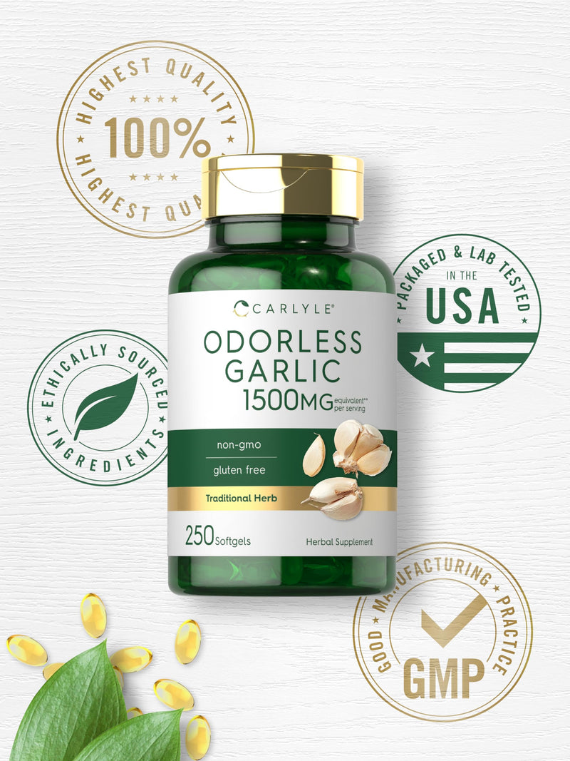 Carlyle Odorless Garlic Softgels 1500mg | 250 Count | Non-GMO, Gluten Free Extract Supplement