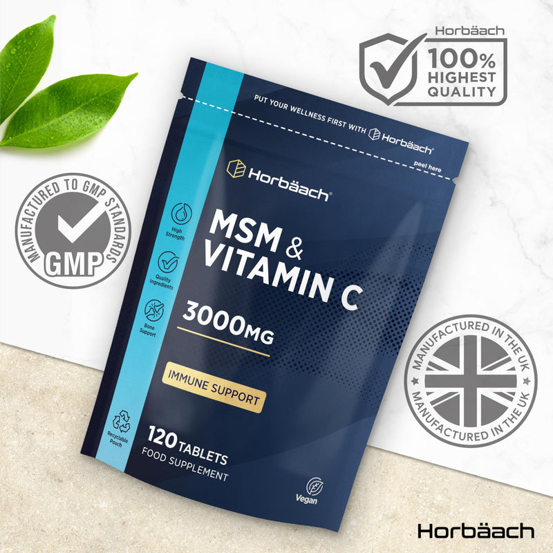 MSM Supplements 3000mg with Vitamin C | High Strength Methylsulfonylmethane MSM with VIT C | 120 Vegan Tablets (Not Capsules) | By Horbaach