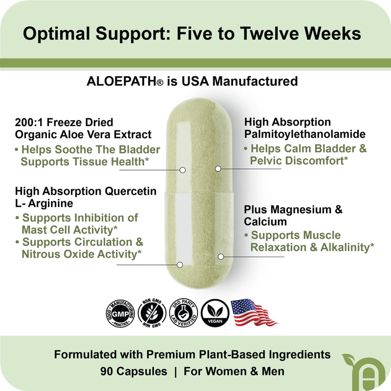 [Australia] - Supports Bladder Health & Urinary Tract | Organic Freeze-Dried Aloe Vera 200x Extract | Vegan Bladder Supplement for Women & Men | Palmitoylethanolamide, Quercetin, L-Arginine | 90 Capsules 90 Count (Pack of 1) 