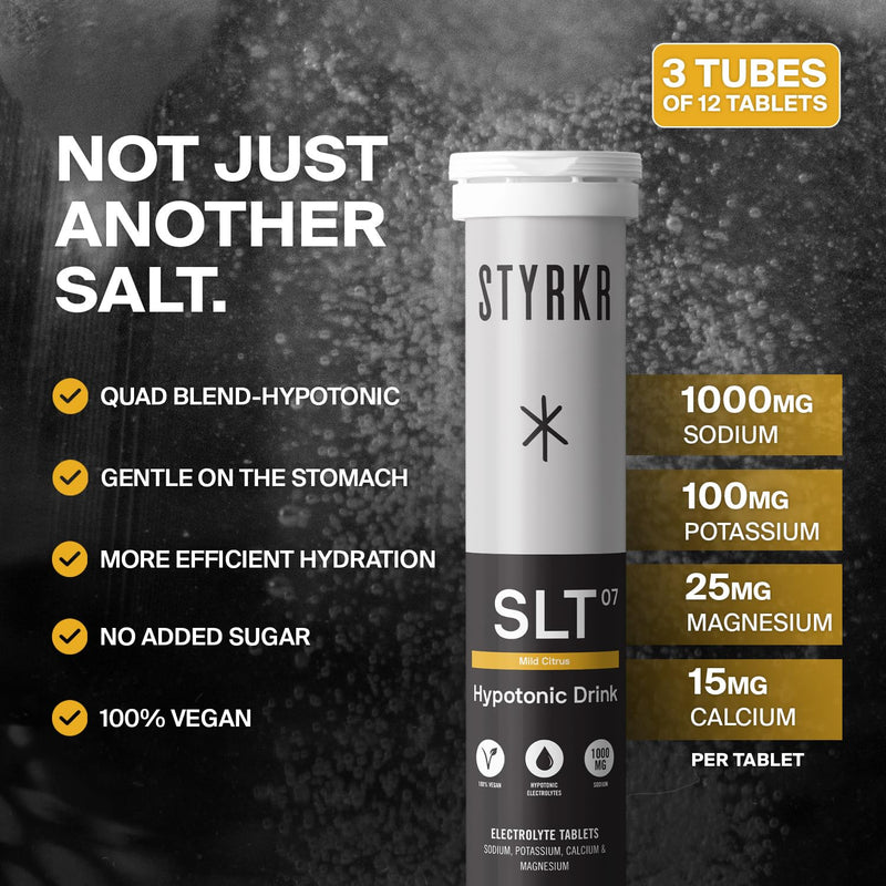 Electrolytes Tablets by Styrkr - Citrus - 3X Pack of 12 Hydration Tablets - 1000mg per Serving - 2X Higher Salts - Used by Endurance Athletes - Advanced Quad-Blend Formulation - SLT07 12x per Tube 1000MG Mild Citrus 12 count (Pack of 3)