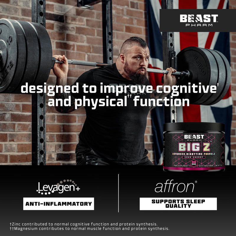 Beast Big Z Magnesium for Sleep Support with Superior Magnesium Bisglycinate & Gluconate Complex - 30x Supplement Drinks with Zinc - Sour Cherry, 90g Tub 90 g (Pack of 1)