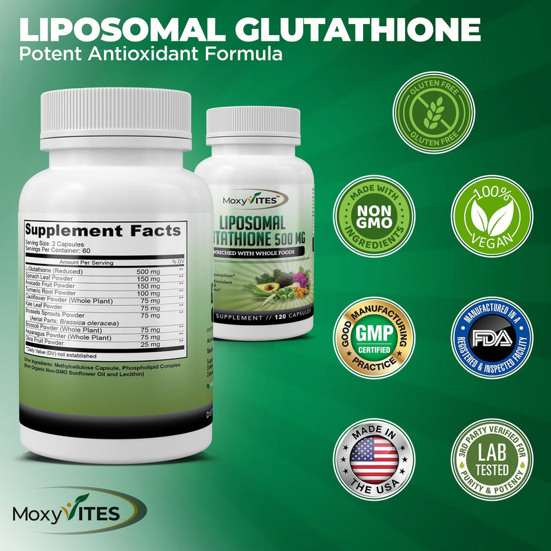 Liposomal Glutathione Supplement 500mg - Pure L Glutathione (GSH) Reduced - Active Form, Made with Organic Whole Food, Non GMO Phospholipid Complex - Antioxidant - 120 Count
