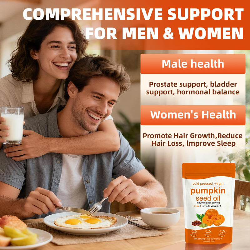 Pumpkin Seed Oil Capsules - 300 Softgels | 3000mg Per Serving, Cold Pressed Virgin Pumpkin Oil, Rich in Omega 6, Omega 9, Supports Hair Growth, Skin Health, Prostate & Bladder Function | Vegan,Non-GMO