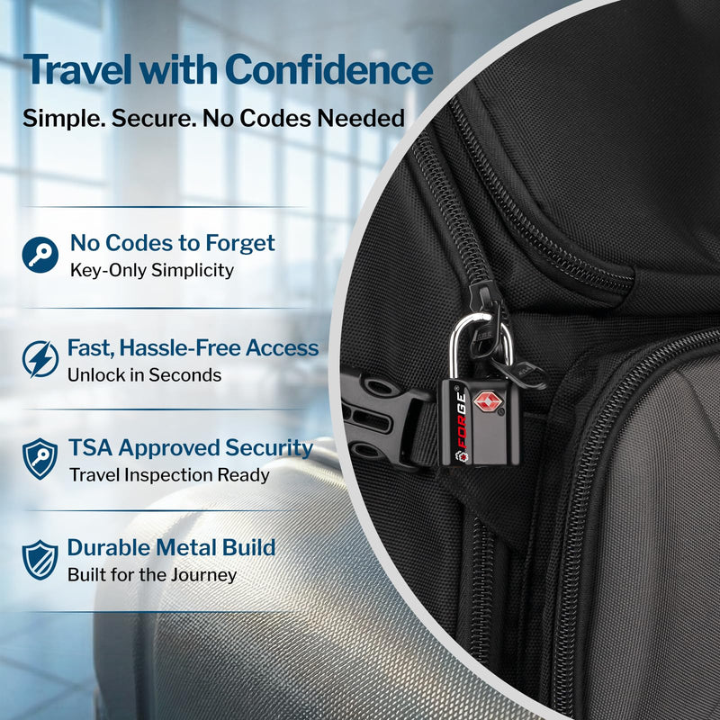 Forge Smal TSA Approved Luggage Locks: Ultra Secure dimple Key Locks with zinc Alloy Body, for Luggage, Travel Cases, Backpacks, Suitcase and More. Black 6PK. Black 6 Pack