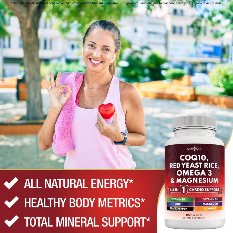 NEW AGE COQ10 200mg Red Yeast Rice Omega 3-6-9 Magnesium Complex Zinc Vitamin K2 D3 - Support Vitamins for Women and Men with Vitamin B3, Coenzyme Q10-180 Count 180 Capsules (Pack of 3)