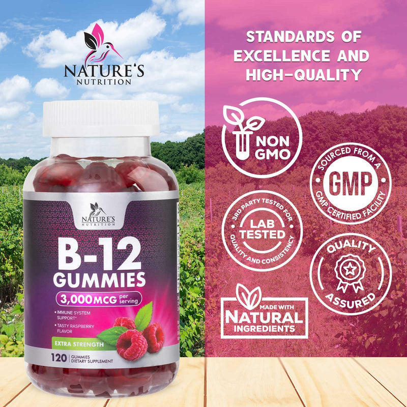 Vitamin B12 Energy Gummies - 3000 mcg per Serving Extra Strength B 12 Gummy for Metabolism, Immune Support - Chewable Dietary B-12 Supplements, Natural Caffeine Free Gummy, Berry Flavor - 120 Gummies 120 Count (Pack of 1)