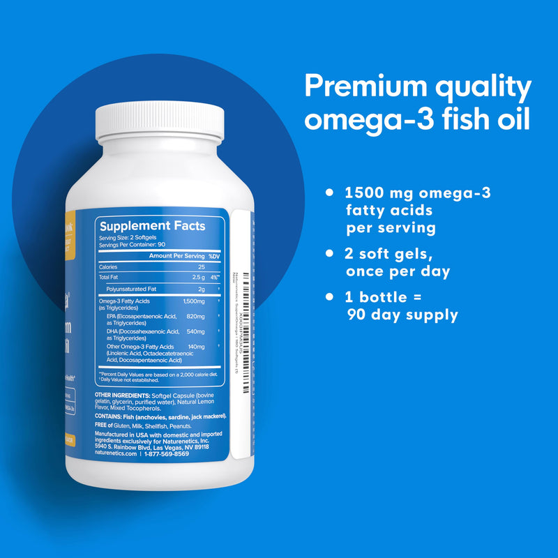 SuperiOmega rTG Triglyceride Form Omega 3 Fish Oil 1500mg EPA DHA 180ct | Re-Esterified Omega-3 Supplement for Women & Men, Burpless No Fishy Aftertaste, Lemon Flavor, 3rd Party Tested, 90 Day Supply 180 Count (Pack of 1)