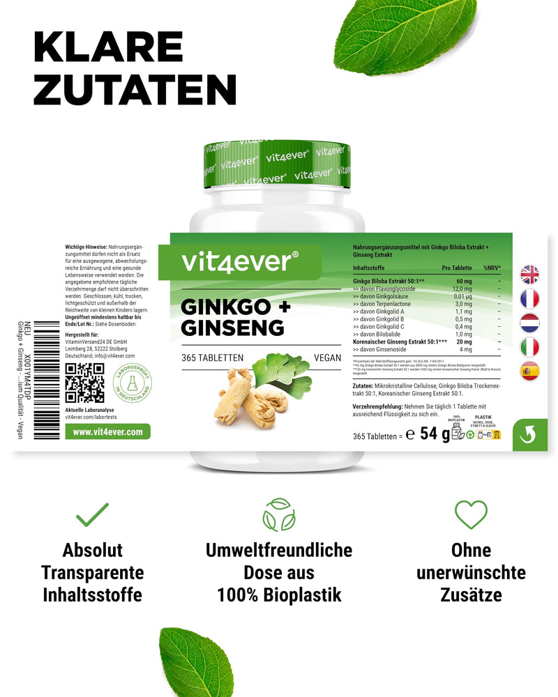 [Australia] - Ginkgo + Ginseng - 365 tablets - Special extract - High dosage - Laboratory tested - Ginkgo Biloba + Korean Ginseng - Premium quality - Vegan 