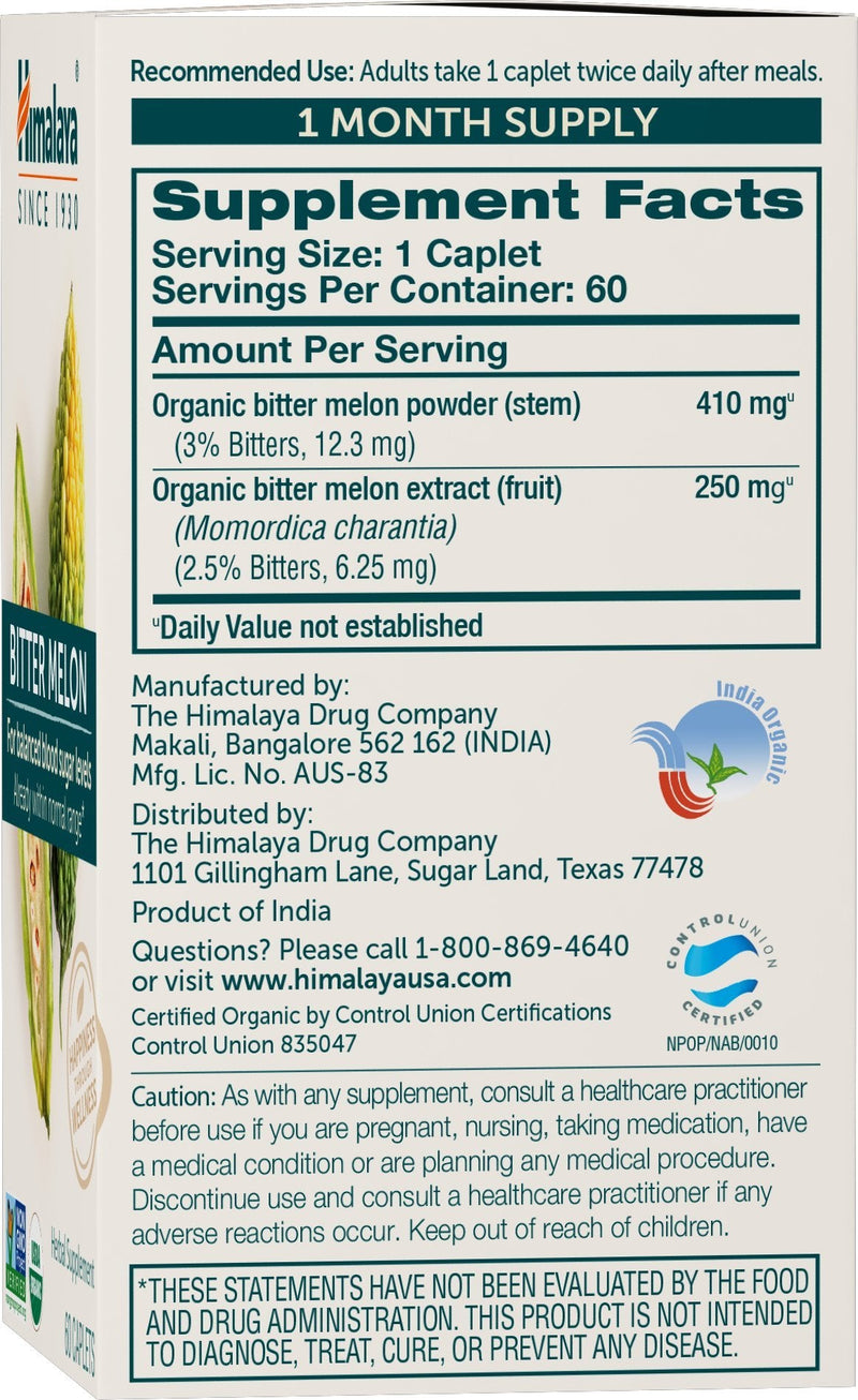 [Australia] - Himalaya Organic Bitter Melon - Herbal Glucose Metabolism Support - USDA Organic, Non-GMO, Vegan, Gluten Free, Additive Free, 660 mg, 60 Caplets 60 Count (Pack of 1) 