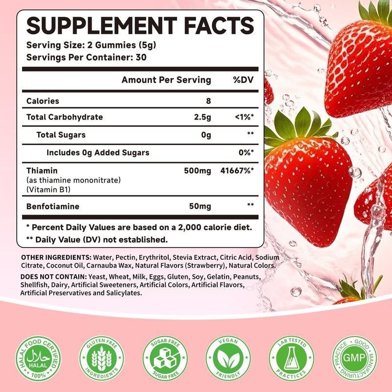 Vitamin B1 Gummies 500mg with Benfotiamine – Thiamine Supplement for Women & Men Supports Healthy Energy Metabolism & Immune, Sugar-Free | Vegan | Non-GMO, Natural Strawberry Flavor, 120 Count 60 Count (Pack of 2)
