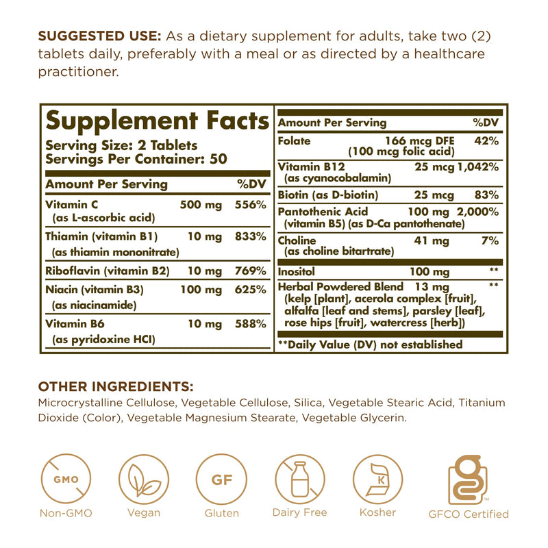 Solgar B-Complex with Vitamin C Stress Formula - 100 Tablets, Pack of 2 - Non-GMO, Vegan, Kosher, Halal & Gluten Free - 100 Total Servings