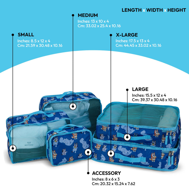 Bluey Packing Cubes for Kids - 5 Piece Luggage Organizer Set - Travel Accessories for Suitcase - Bluey Bingo Bandit Chilli Stripe Trixie - Packing Cube Set for Kids, Teens, Adults