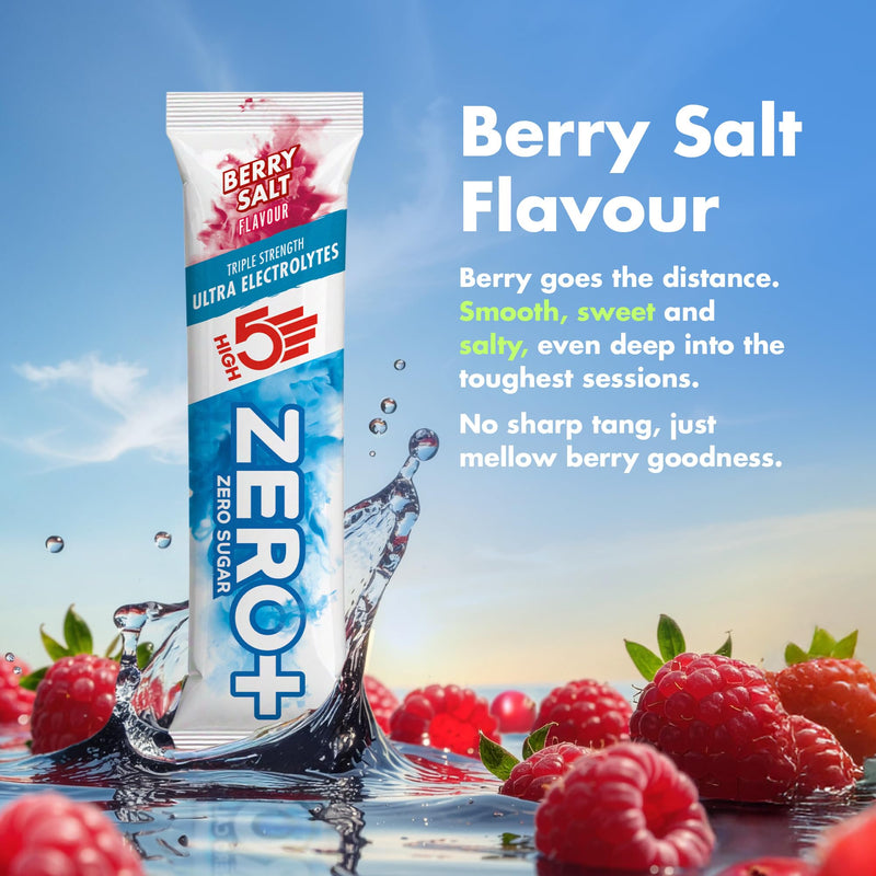 HIGH5 ZERO+ Ultra Electrolytes Hydration Sachets - Triple Strength Hypotonic Sugar Free Electrolytes Powder - Fast Fluid Absorption Rehydration Sachets for Endurance (Berry Salt, 16 x 17.5g) Berry Salt