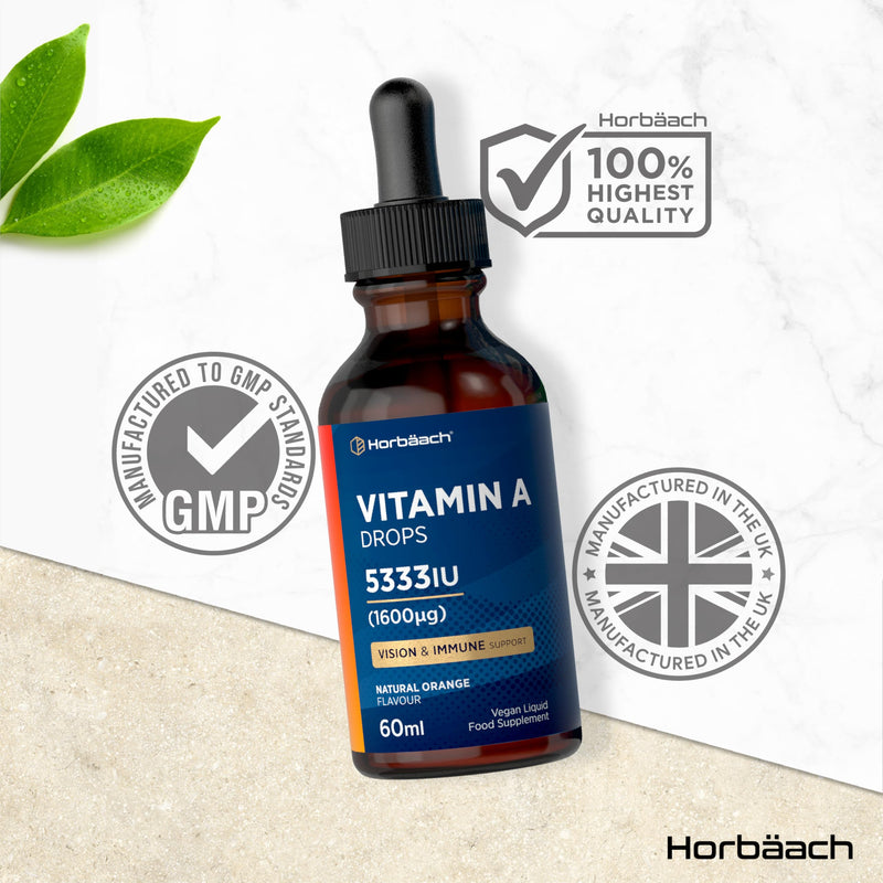 Vitamin A Drops 5333IU | 60 mL | High Strength Vitamin A as Retinol Palmitate | Vegan Liquid Oral Supplement for Adults | Orange Flavour | By Horbaach