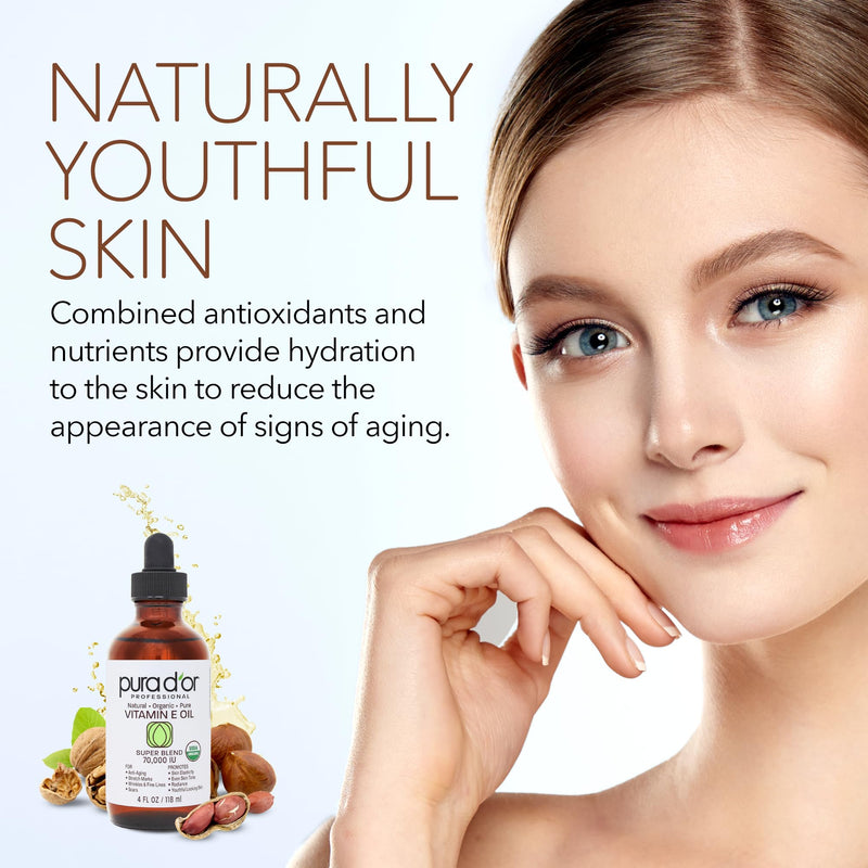 [Australia] - PURA D'OR 4 Oz ORGANIC Vitamin E Oil Blend 70,000 IU - 100% Natural Hexane Free, Sweet Almond, Apricot, Jojoba, Argan, Rosehip, Sunflower & Avocado Bath Oil For Scars, Skin, Face & Full Body 