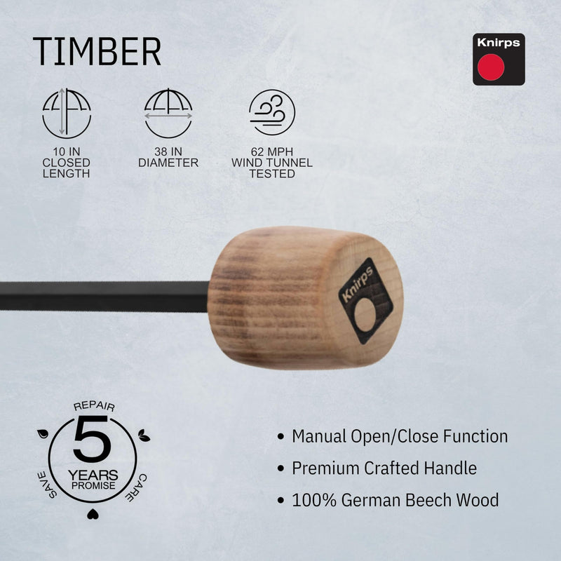 Knirps TIMBER Manual Umbrella - Compact Folding Rain Protection with German Beechwood Handle, Wind Tunnel Tested Frame, Portable Travel Design Navy