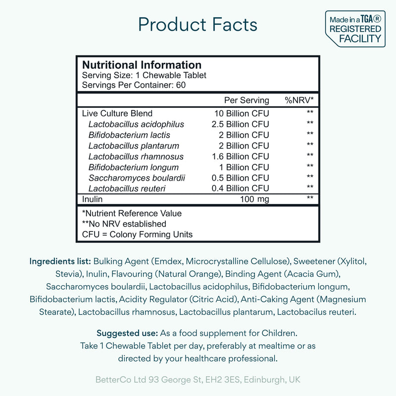 Bettervits Kids Probiotic Complex – 10 Billion CFU | Probiotics for Children 10-16 years old - Gut Health and Immunity Support | Maintains Healthy Digestion | 60 Chewable Orange-Flavored Tablets.