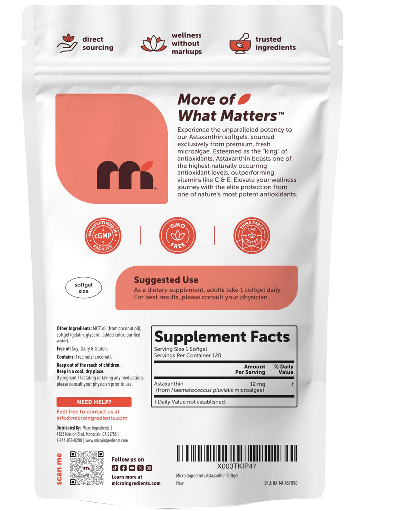 Micro Ingredients Astaxanthin 12mg Per Serving with MCT Oil, 120 Softgels | 4 Month Supply. Natural Microalgae Sourced Astaxanthin Supplement. Easy-to-Swallow. Non-GMO, Gluten Free, Soy Free. 120 Count (Pack of 1)