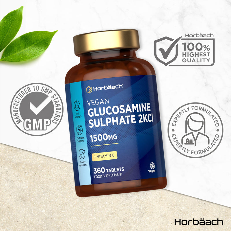 Glucosamine Sulphate 2KCl 1500mg | with 24mg Vitamin C | 360 Vegan Tablets | High Strength Glucosamine 2KCl Supplement | by Horbaach