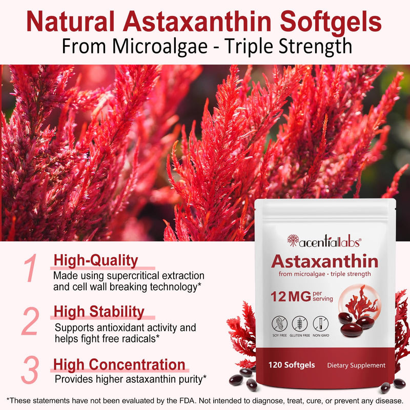 [Australia] - Astaxanthin Supplements 12mg 120 Softgels, Premium Astaxanthin Antioxidant Supplement, Supports Eye, Skin, Joint, Brain, Heart & Immune System Health, Fresh Microalgae Source, Non-GMO & No Gluten 