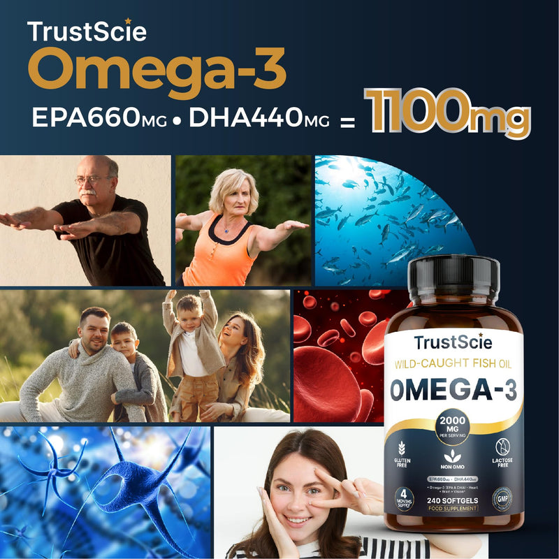 Omega 3 Fish Oil 2000mg – High Strength with 660mg EPA & 440mg DHA – 240 Softgel Capsules (4 Month Supply) – Omega 3 Fatty Acids Supplement – Gluten-Free & Lactose-Free