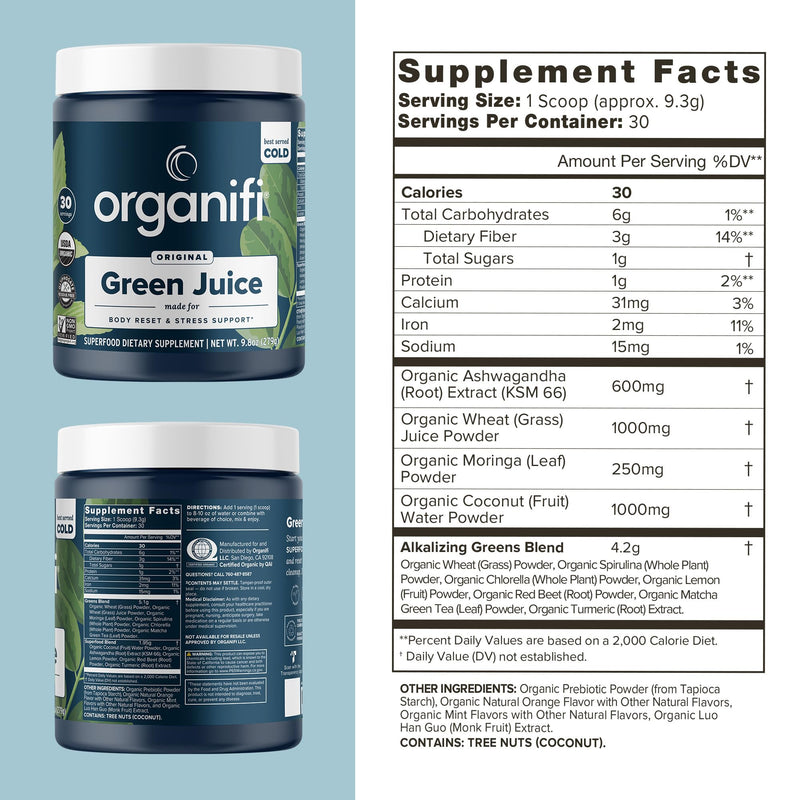 [Australia] - Organifi Green Juice - Powder Supplement with Organic Spirulina, Ashwagandha, and Chlorella - Helps Achieve Fitness Goals and Reduce Cortisol Levels, 30-Day Supply Original Green Juice 