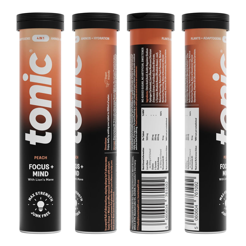 Tonic Health Focus + Mind Tablets - Lion’s Mane, L-Tyrosine and B3, Rhodiola Rosea for Mental Clarity, No Sugar Effervescent Tablets (60 Count (Pack of 1), Peach) 60 count (Pack of 1)