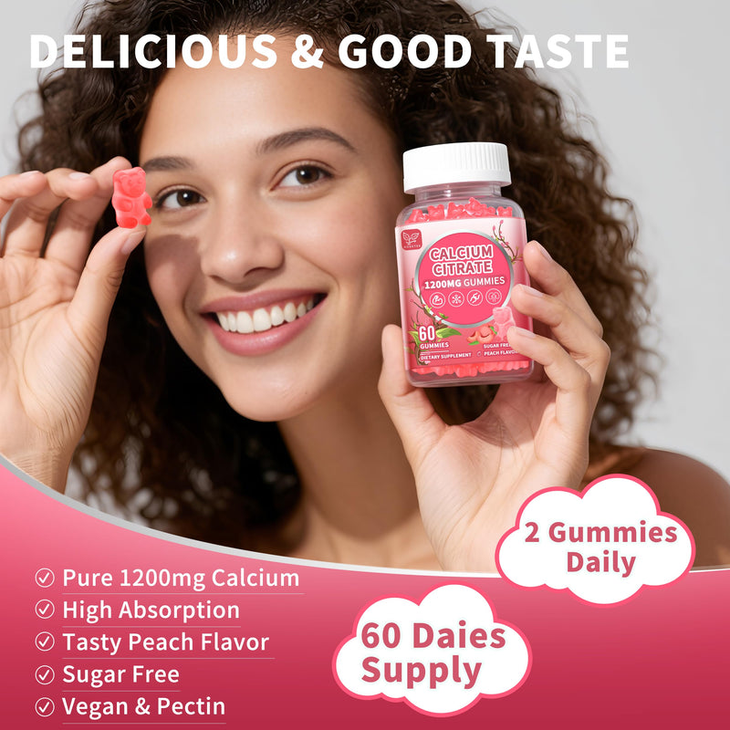 (2 Pack) Pure Calcium Citrate Gummies 1200 mg for Women & Men,Calcium Citrate Supplements,High Absorption for Bone Muscle Healthy - Easy to Digest, Sugar Free,Vegan,Peach Flavor,60 Day Supply 60 Count (Pack of 2)