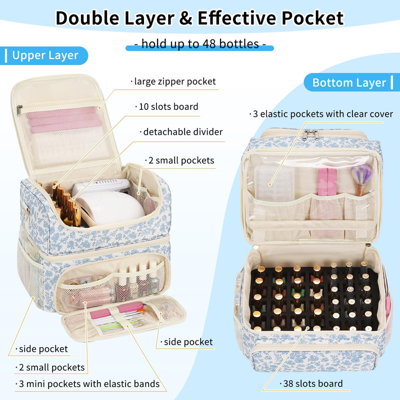 CUBETASTIC Nail Polish Organizer & Storage Bag for 48 Bottles & Full-Size Lamp, Double-Layer Travel Case Box for Nail Supplies, Manicure Kit & Pedicure Tools (Blue Floral, 48 Slots) Blue Floral
