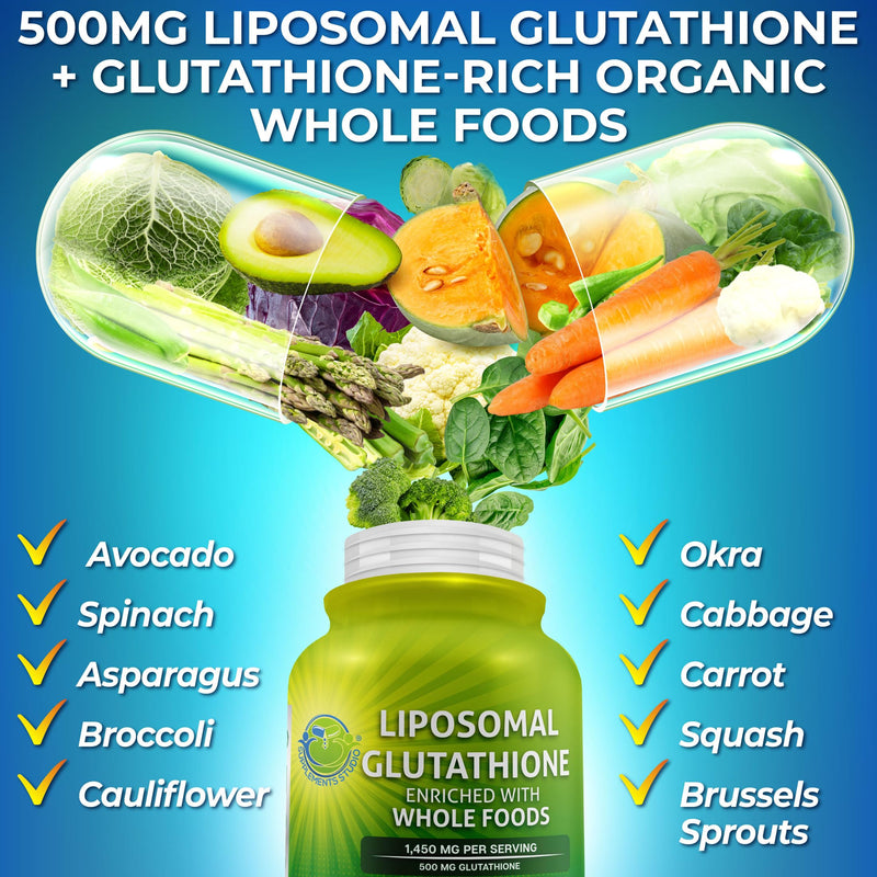 Liposomal Glutathione Supplement 500mg Active Reduced L-Glutathione | Maximum Absorption - Master Antioxidant & Detoxifier, Made with Organic Whole Foods, Immune & Cardiovascular Support, 60ct 60 Count (Pack of 1)