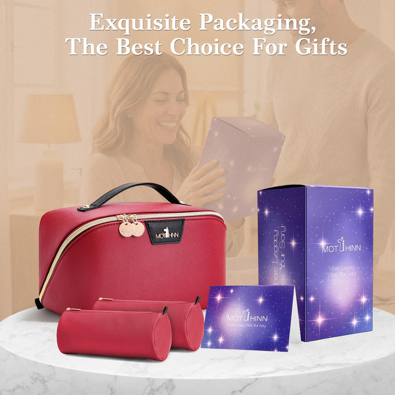 Travel Makeup Bag Organizer for Women: 3-in-1 Large Capacity Cosmetics Bag | Vegan Leather Flat Open Toiletry Bag with 2 Removable Skincare Pouch - Portable Travel Essentials for Full-Sized Bottles B05-Red