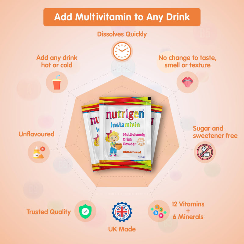 Nutrigen Instamixin unflavoured multivitamin Drink Powder for Children to add Vitamins Instantly to Any Drink. 12 Vitamins + 6 Minerals in a Sachet Making Daily Vitamin Intake Easy, 30 sachets
