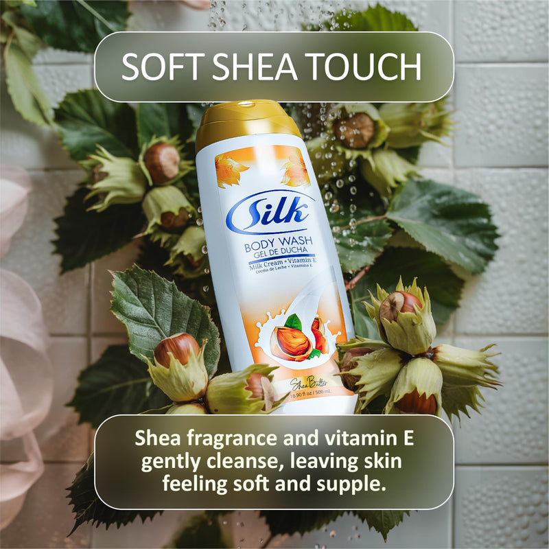 SILK Moisturizing Body Wash for Woman & Man - Daily Hydrating Shower Gel and Foaming Cleanser with Vitamin E and Glycerin, Rich Lather for Dry Skin Care, Shea Butter Scent, 16.9 Fl Oz 16.9 Fl Oz (Pack of 1)