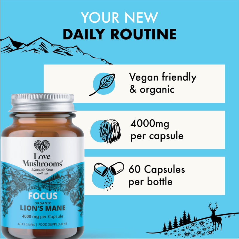 Organic Lion’s Mane Capsules 4,000mg per Serving | High Strength Mushroom Extract for Memory, Focus & Cognitive Support | Vegan, Plant Based Food Supplement, UK Made | 60 Capsules 60 count (Pack of 1)