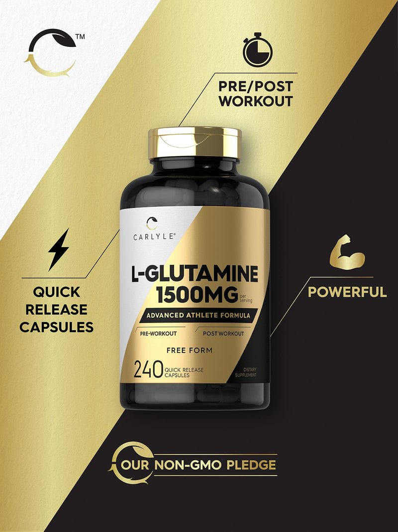 Carlyle L Glutamine Capsules | 1500mg | 240 Count | Advanced Athlete Formula | Pre and Post Workout | Non-GMO, Gluten Free Supplement