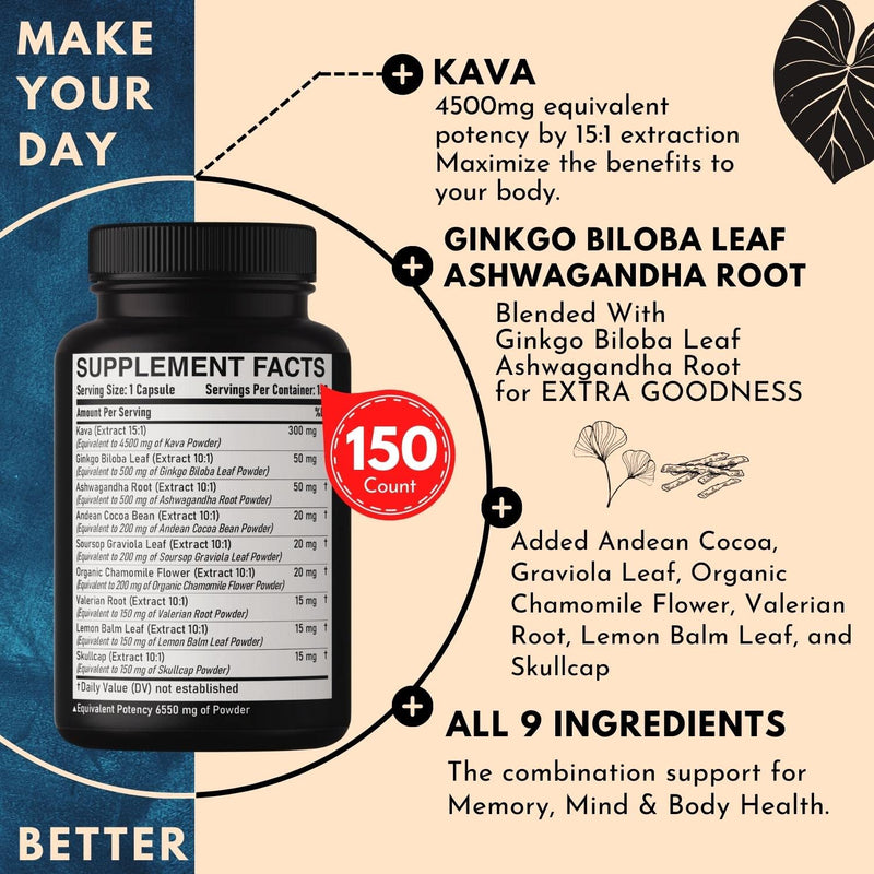 [Australia] - 9in1 Kava Kava Capsules 5-Month Supply 6550mg 15:1 Extract for Sleep, Mind & Immune Support - 9 Natural Herbs includes Ginkgo, Ashwagandha, Graviola, Valerian & more - 150 Vegan Capsules 